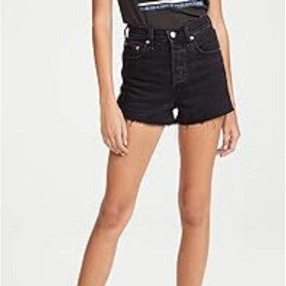 Levis Ribcage Button Fly Denim Jean Shorts Cutoffs Frayed Hem High Rise Black - Picture 10 of 10